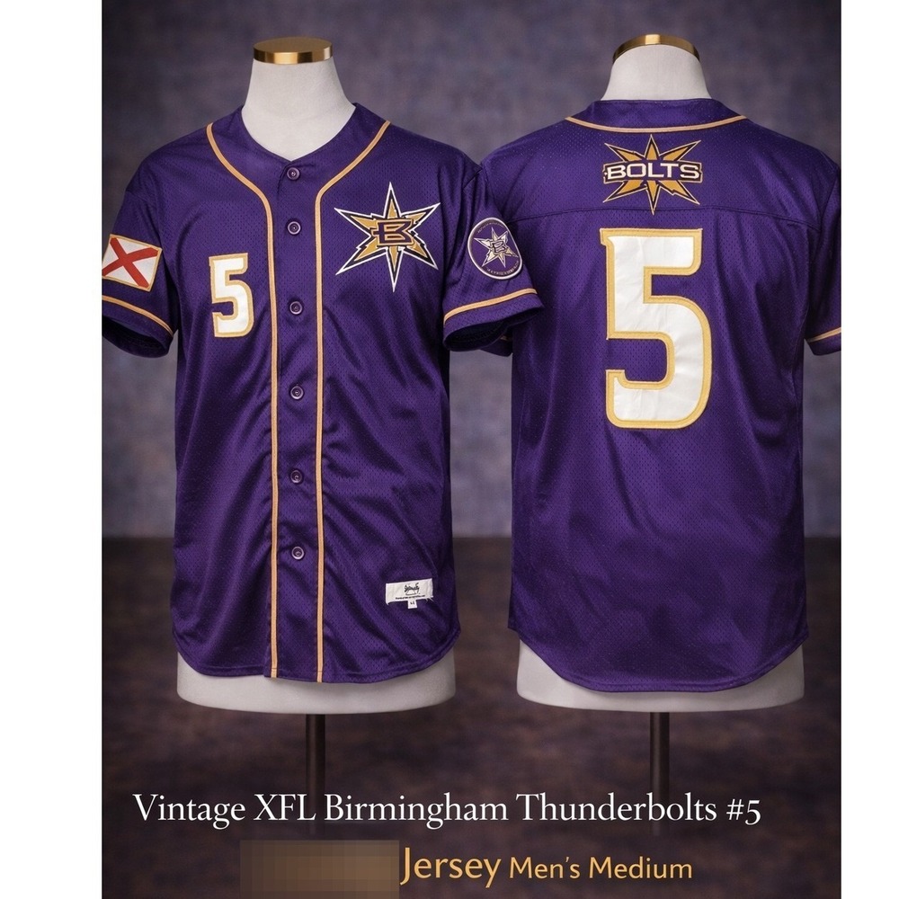 Vintage XFL Birmingham Thunderbolts Jersey Mens Medium Purple‎ #5 Intensity 2001